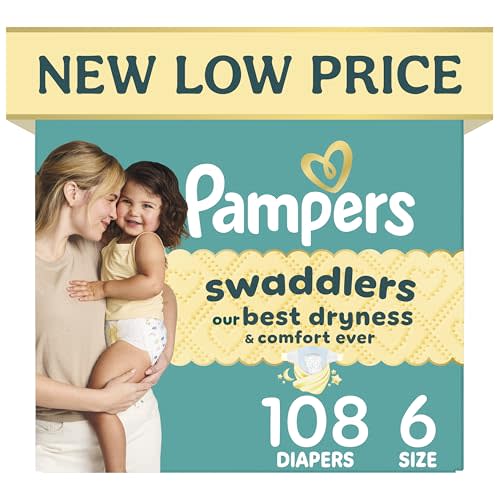 Pampers Swaddlers Diapers, Size 6 (23-44 lbs), 108 Count, Hypoallergenic, Absorbent, Keeps Baby Dry and Comfortable, Skin Safe Disposable Baby Diaper