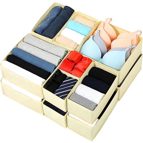 15Pcs Drawer Organizer Clothes, Beige Drawer Organizers Set, Dresser Organizer for Baby Clothes, Underwear, Sock- Foldable Closet Organization and Storage Dividers Bins for Nursery, Bedroom