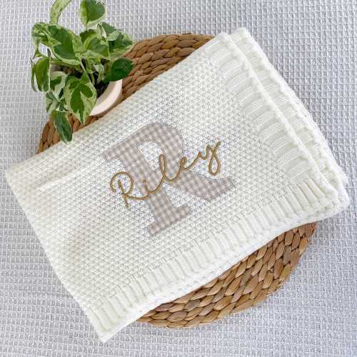 Custom name monogram baby gift, embroidered cotton knit baby blanket with name, baby girl blanket, baby boy blanket