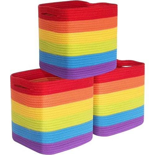 MINTWOOD Design 3-Pack 11x11 Inch Cube Storage Bin, Woven Storage Cube Organizer, Closet Organizer, Cute Square Storage Bins, Decorative Classroom Bathroom Pantry and Shelf Baskets, Rainbow