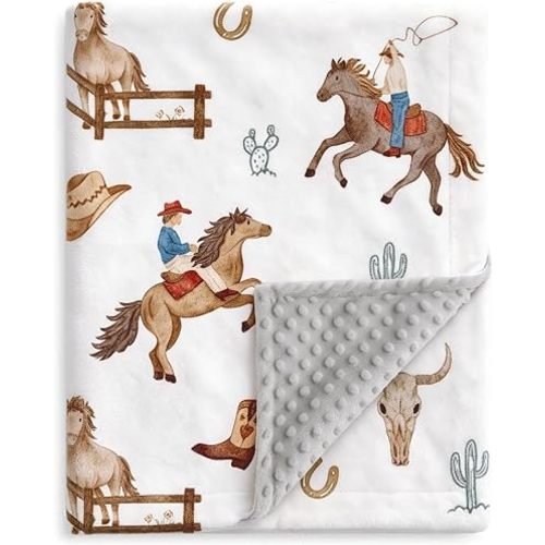 HOMRITAR Cowboy Baby Blanket for Boys Double Layer Dotted Backing