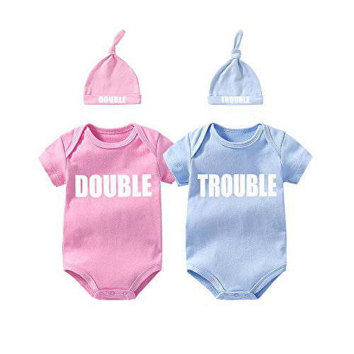 YSCULBUTOL Twins Bodysuits Funny Double Trouble Pack of 2 Twins Set with hat (Pink Blue, 3-6 Months)