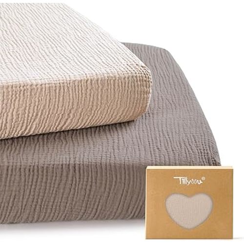 TILLYOU Muslin Mini Crib Sheets 2 Pack, Pack and Play Mattress Sheets Fitted for Pack N Play, 38 x 26 Sheet for Toddler, Grey Brown and Light Brown