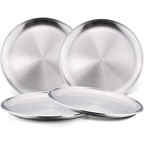 HaWare Toddlers Kids 18/8 Stainless Steel Plates, Durable Metal 304 Feeding 8in Dishes for Serving/Snack/Camping, No Plastic and Dishwasher Safe - 4 Pack