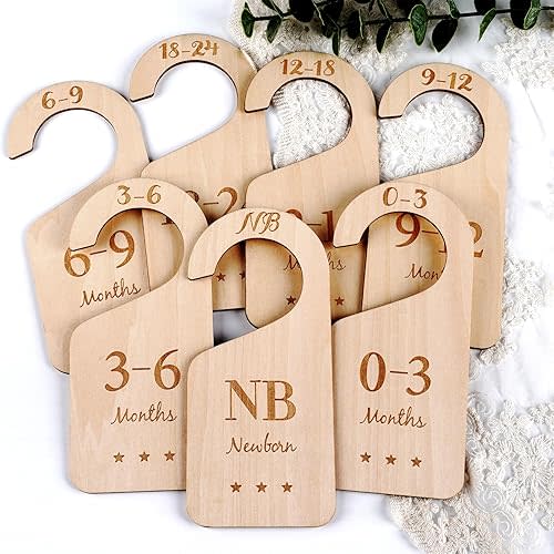 HOUÍSM Wooden Baby Closet Size Dividers 7Pack, Baby Clothes Organizers Home Nursery Decor, Thicken and Double Sided from Newborn to 24 Months, Hanging Closet Dividers for Newborn Baby Shower