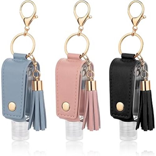 3 PCS Portable Empty Bottle Keychain, 30 ml Hand Sanitizer Holder Keychain, Travel 1oz Mini Hand Sanitizers Case for Travel Lotion Liquid Soap Shampoo (Blue Pink Black)