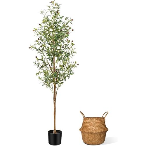 6FT Artificial Olive Tree Indoor, Tall Faux Olive Tree with Pot&Basket, Large Fake Olive Tree with Realistic 1080 Silk Leaves and 60 Fruits for Living Room Home Office Decor