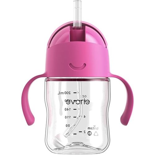 Evorie Tritan Weighted Straw Sippy Cup with Handles for Baby and Toddlers, Spill Proof Baby Water Bottle with Straw for 6 Months and up, 7 Oz, Infant Training Water Bottle (Strawberry)