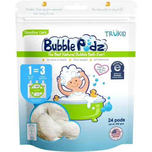 TruKid Bubble Podz Bubble Bath for Baby & Kids, NEA-Accepted for Eczema, Gentle Refreshing Colloidal Oatmeal Bath Bomb for Sensitive Skin, pH Balance 7 for Eye Sensitivity, Unscented (24 Podz)