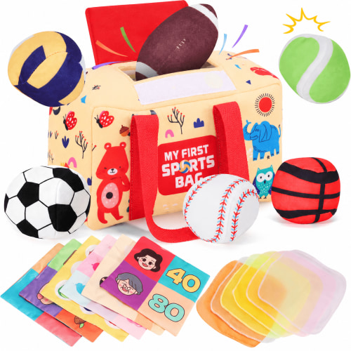 KENCOCO Baby Sports Plush Playset for Toddlers 12-24 Months, Soft Sensory Ball Toys with Football, Basketball, Soccer Ball, Baseball & Storage Bag