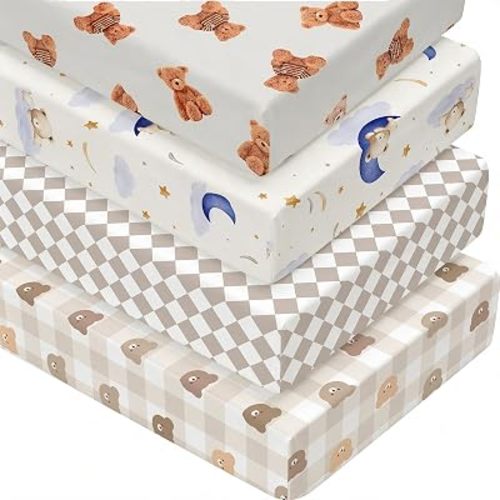 4 Pack Teddy Bear Crib Sheet Set for Boys or Girls, Neutral Soft Breathable Fitted Checkered Crib Sheet, Bear Nursery Decor for Standard Crib and Toddler Bed Mattresses 28 x 52 in