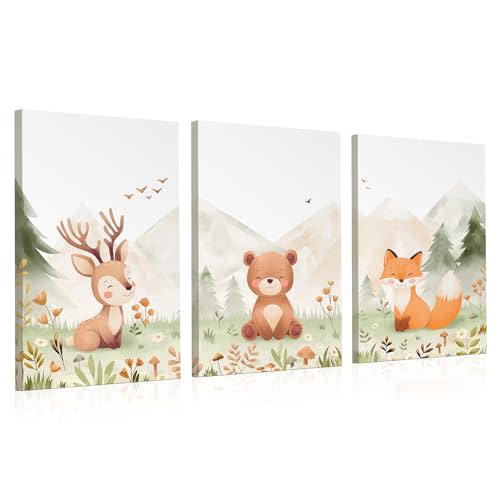 Woodland Nursery Wall Art – Set of 3 Neutral 12×16” Animal Canvas Prints (Deer, Bear, Fox), Printed from Original Hand-Drawn Illustrations, Framed & Ready-to-Hang Baby Room Decor for Boys & Girls