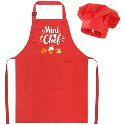 Kids Apron and Chef Hat Set, “Mini Chef” Funny Apron Adjustable Kitchen Apron for Boys and Girls