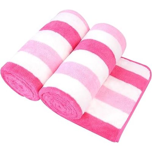 JML Microfiber Bath Towels, Bath Towel 2 Pack(30" x 60"), Oversized, Soft, Super Absorbent and Fast Drying, Multipurpose Use for Sports, Fitness, Yoga, Cabana Stripe Pink