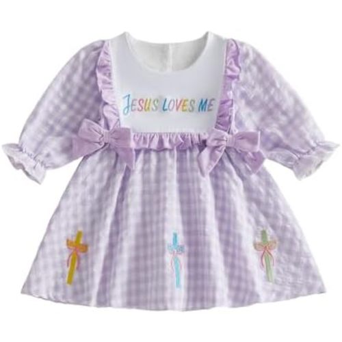 Toddler Baby Girl Easter Clothes Jesus Loves Me Embroidery Dress Plaid Ruffle Long Sleeve Dresses Christian Outfit