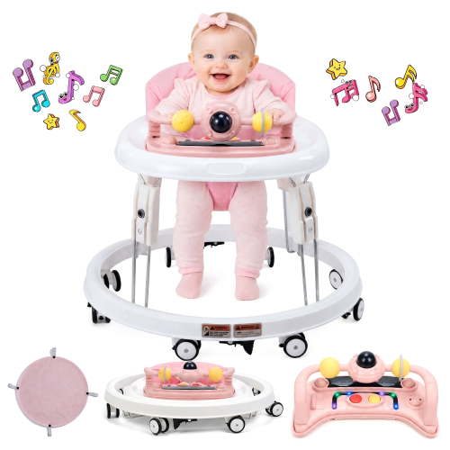 PRVAETU, Foldable Baby Walker, Pink, Height Adjustable, Music Toy