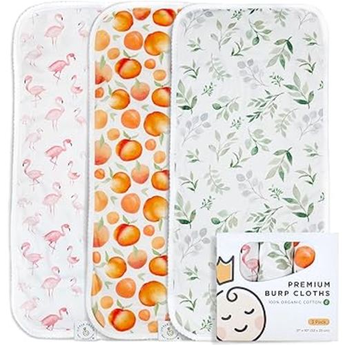 Little Crown Burp Cloths 100% Organic Cotton – 3 Pack Large 21''x10'' – Ultra-Soft and Absorbent – Double Layered Baby Washcloths – Baby Girl Newborn Essentials (Eucalyptus, Peaches and Flamingos)