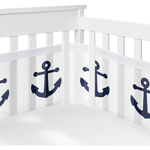 Sweet Jojo Designs + BreathableBaby 2-Piece Breathable Mesh Crib Liner Set (Navy Blue and White Anchors) for Boys/Girls, Baby, Infants/Newborn Nursery (Nautical Theme, Ocean, Sailboat, Marine, Sailor)