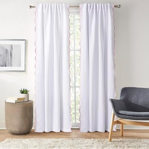 Scallop Edge Window Curtains, 52" W x 84" L x 2 Panel, White/Pink