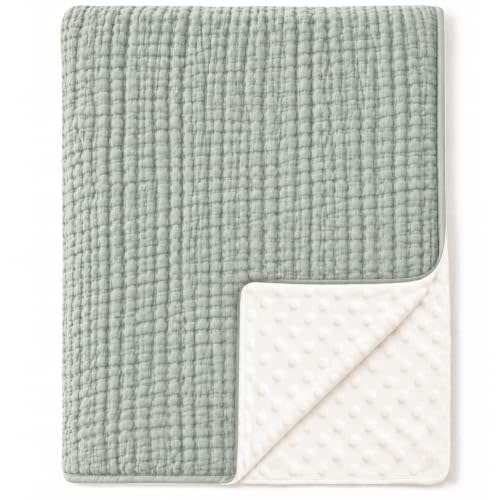 Konssy Soft Muslin Baby Blanket for Unisex Boys & Girls, 30 x 40 Inch | Cotton Front with Dotted Fleece Back, Suitable for Receiving, Swadding, Nursery, from Newborns to Toddlers (Green)