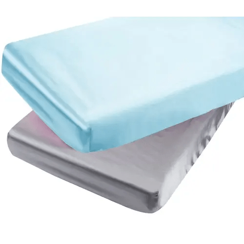 Satin Pack n Play Sheet Set 2 Pack Ultra Soft Silk Fitted Mini Crib Sheets Playard Sheet Protect for Baby Hair and Skin, Grey & Lt Blue