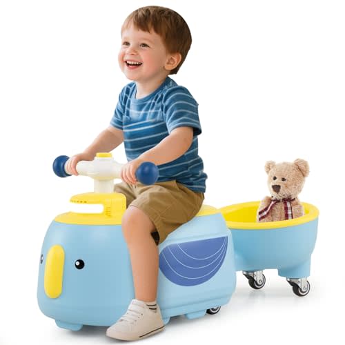 HONEY JOY Ride On Push Car with Trailer, Indoor Outdoor Toddler Riding Toys w/Under-seat Storage, LED Light, Music, Foot-to-Floor Sliding Car, No Battery Baby Ride On Toys for Boys and Girls (Blue)