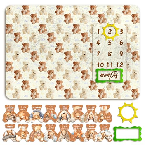 Bear Baby Monthly Milestone Blanket, Soft Bear Memory Newborn Growth Chart Milestone Blanket Newborn Photography Background Decor, Photography Props Double-Sided
