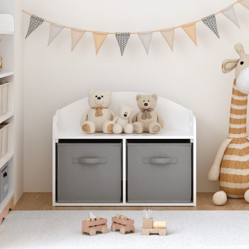 PORKISS Kids Toy Box for Boys Girls, Wood Toy Storage Organizer with Storage Bench and Collapsible Fabric Drawers, Modern Toy Chest for Living Room, Toddler Room, Bedroom, White/Light Grey