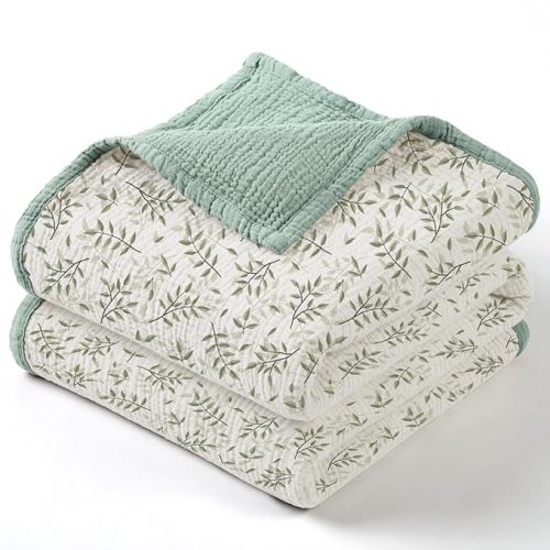 lulumoon Baby Muslin Blanket Neutral: Skin-Friendly Leaf Toddler Blanket - Ideal for Stroller 47"× 47" (Green Branches)