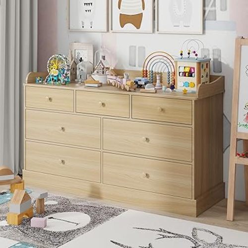 Vabches Kids Dresser Cabinet with 7 Drawers, Changing Table for Nursery, White Chest of Drawers, Baby Dresser, Kids Bedroom Furniture, Nightstand for Child’s Room,Natural