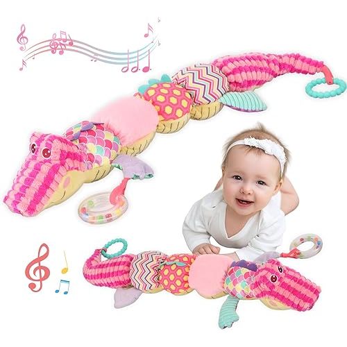Baby Sensory Musical Pink Crocodile Plush Toy for Infant 0-6 Months with Rustling Sounds and Tummy Time Sensory Toys for Newborn Birthday Gifts