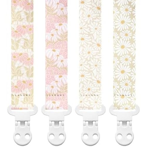 Stadela Baby Fabric Pacifier Clip Holder, Plastic Clip, 4‑Pack, Flowers Pattern, Poloma Set