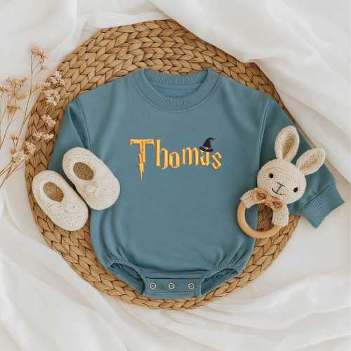 Wizard Font Baby Romper – Personalized Halloween Baby Outfit, Embroidered Name Bodysuit