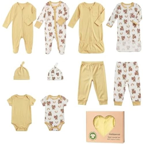 Aablexema Organic Cotton Baby Layette Set, 10pcs Newborn Essentials Footed Pjs, Bodysuits, Pants, Hats, Nightgowns