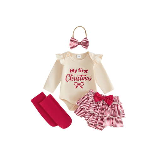 Loicainy Infant Baby Girl Christmas Outfit 3 6 12 18 Months Letter Romper Striped Shorts Headband Stockings Clothes Set