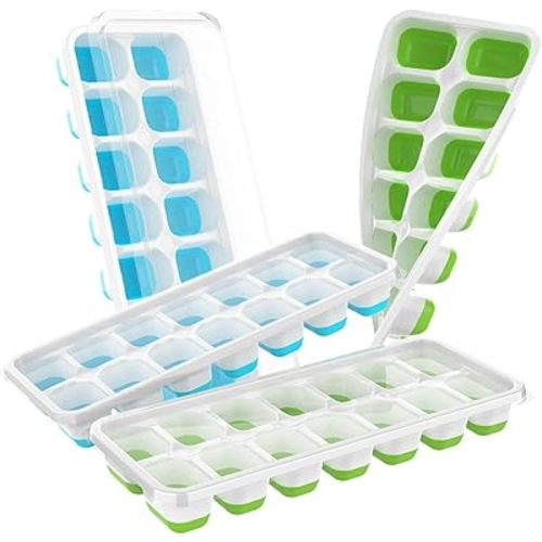 Ice Cube Tray with Lid, 4 Packs 56 Cubes Durable Stackable Ice Cube Trays for Freezer with Removable Lids, Easy-Release Plastic & Silicone Ice Tray for Cocktail, Coffee，blue and green
