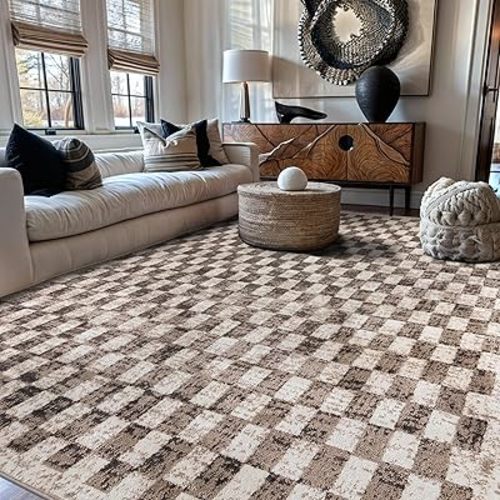 Rugshop Contemporary Checkered Grid Textured Area Rug Beige 7' 10" x 10'