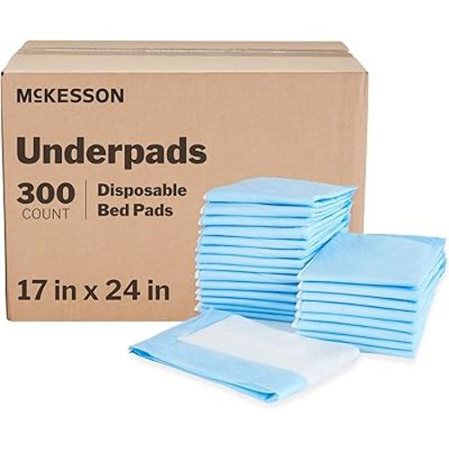 McKesson Underpads Disposable Bed Pads 17" x 24" [300 Count], Light Absorbency, Classic Incontinence Chux for Adults, Elderly, and Baby, Pee Pads