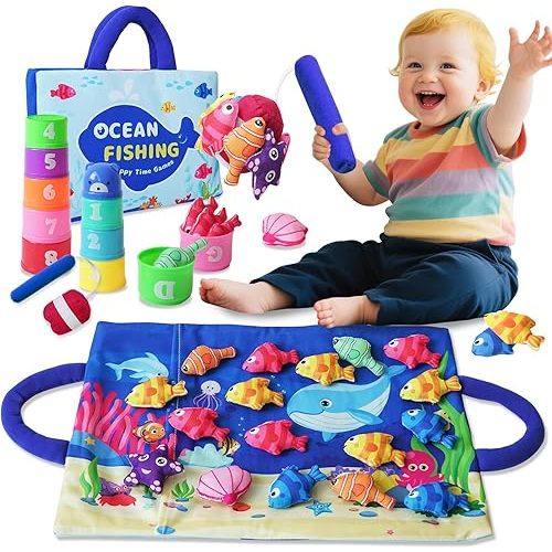 KAWITLO Montessori Children's Toys, 29 Piece Fabric Fishing Game with Stacked Cups