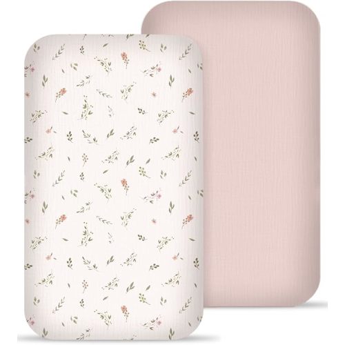 Muslin Bedside Bassinet Sheets 2 Pack, 33x20 Fitted Ultra Soft & Breathable Bedside Sleeper Sheets, Ideal for Baby Girl and Boy, Perfect for Newborns (Petal Leaf & Pink)