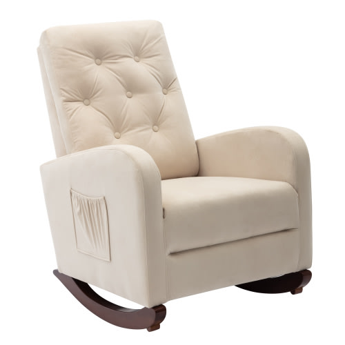 PAPROOS Nursery Chair for Baby Room, Comfortable High Back Rocking Chair for MOM and Baby, Velvet Upholstered Accent Armchair Fabric Padded Seat Lounge Glider Chair with Side Pocket, Beige