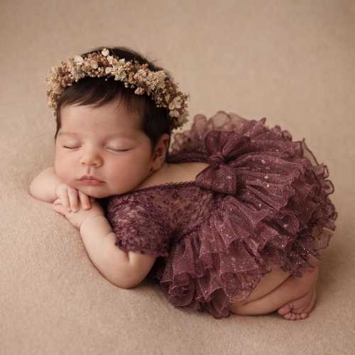 Handmade burgundy rose  Lace Ruffle Romper | Newborn  Outfit