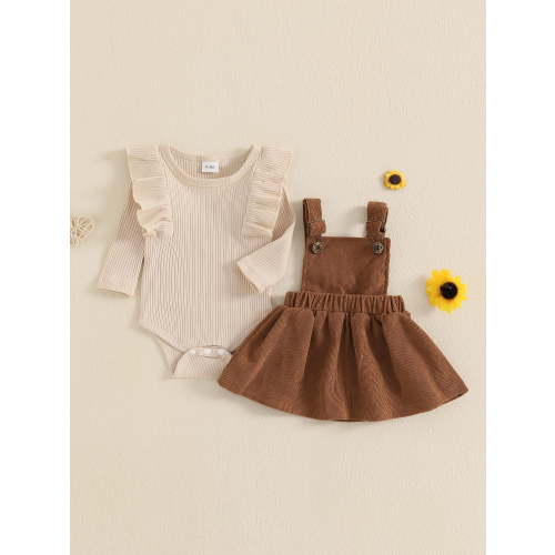Loicainy Baby Toddler Girl Suspender Dress Outfit 3 6 9 12 18 Months Solid Ruffled Long Sleeve Crew Neck Romper with Corduroy Dresses 2 Pcs Clothes Set