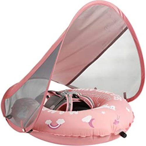 Mambobaby Float Self-Inflating Baby Swim Float with Canopy, Newest Compressible Folding Pool Baby Float, Upgrade Soft Waterproof Skin-Friendly Material Toddler Swim Float (Standard Edition Pink)