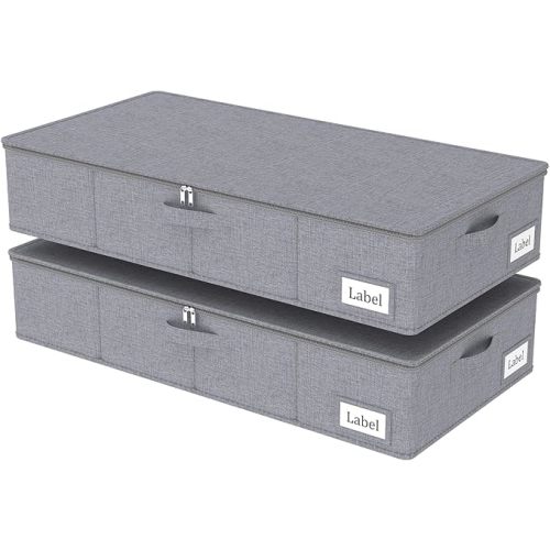 Yawinhe Foldable Underbed Storage Bags, Containers Bin with Lids, Large Under Bed Organizer Box, with Sturdy Zipper und Label Holders, for Clothing, 31.5''Lx15.7''Wx6''H, 2 Pack, Beige