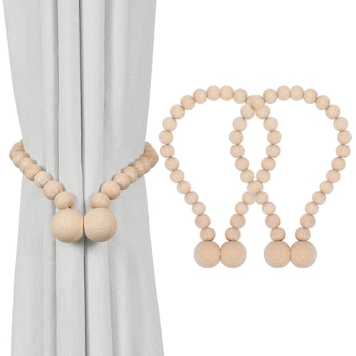 KLOGTSIND Magnetic Curtain Tiebacks, 2 Pack Wood Bead Curtain Holdbacks | Elegant Curtain Tie Backs for Boho Bedroom Decor, Baby Nursery Decor, Farmhouse Decor, No Tools Required
