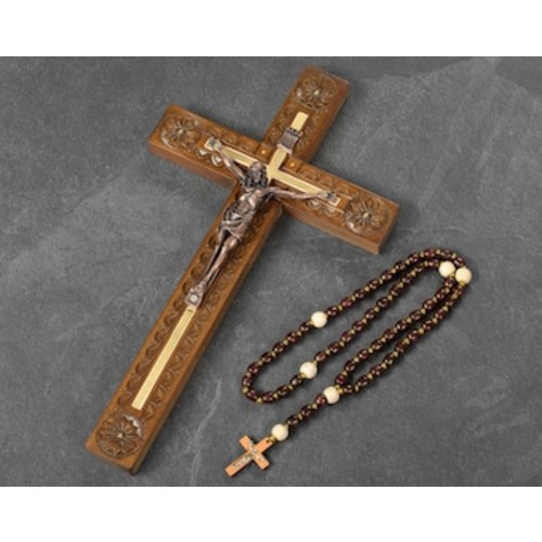 Hand Carved Wooden Crucifix Wall Cross - Catholic Gift with Rosary