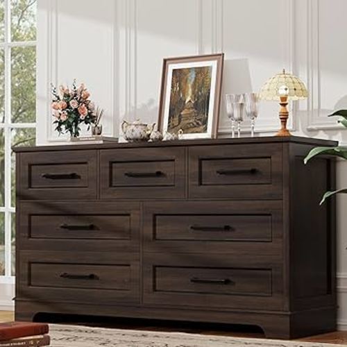 YESHOMY Dresser for Bedroom, Farmhouse 7 Drawers Dresser, Chest of Drawer Chest, Multi-Tier Clothing Storage Cabinet, Brown
