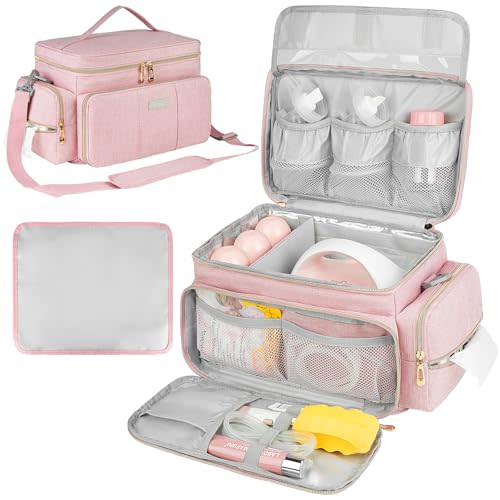 ZIOZERTT Breast Pump Bag Compatible with Spectra S1 and S2 with Insulated Compartment,Breast Pump Storage Bag with Water Resistant Mat for Pumping Essentials,Pink,Bag Only