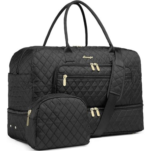 LUOCIP Large Women Travel Duffle Bag, Carry on Bag with Wet Toiletry Pocket for Overnight, Weekend, Yoga, Gym, Business Trips, Sport and Hospital, Black